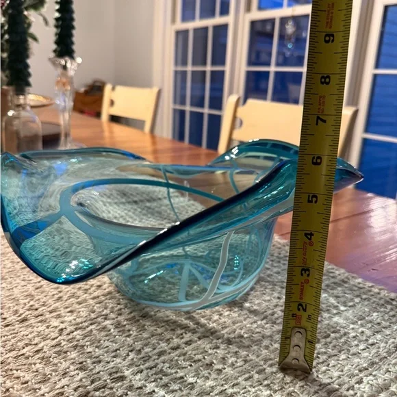 Handblown Aqua Blue Sombrero Freeform Abstract Art Glass Decorative Bowl
